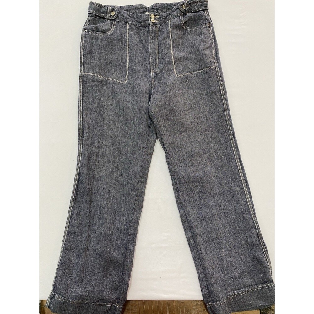 Sundance 100% Linen Herringbone Wide Leg Pants Blue Gray High Rise Size 14